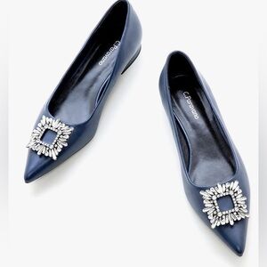 C. Paravano Navy Blue Aida Crystal Pointed Toe Flats EU 39 NEW in box